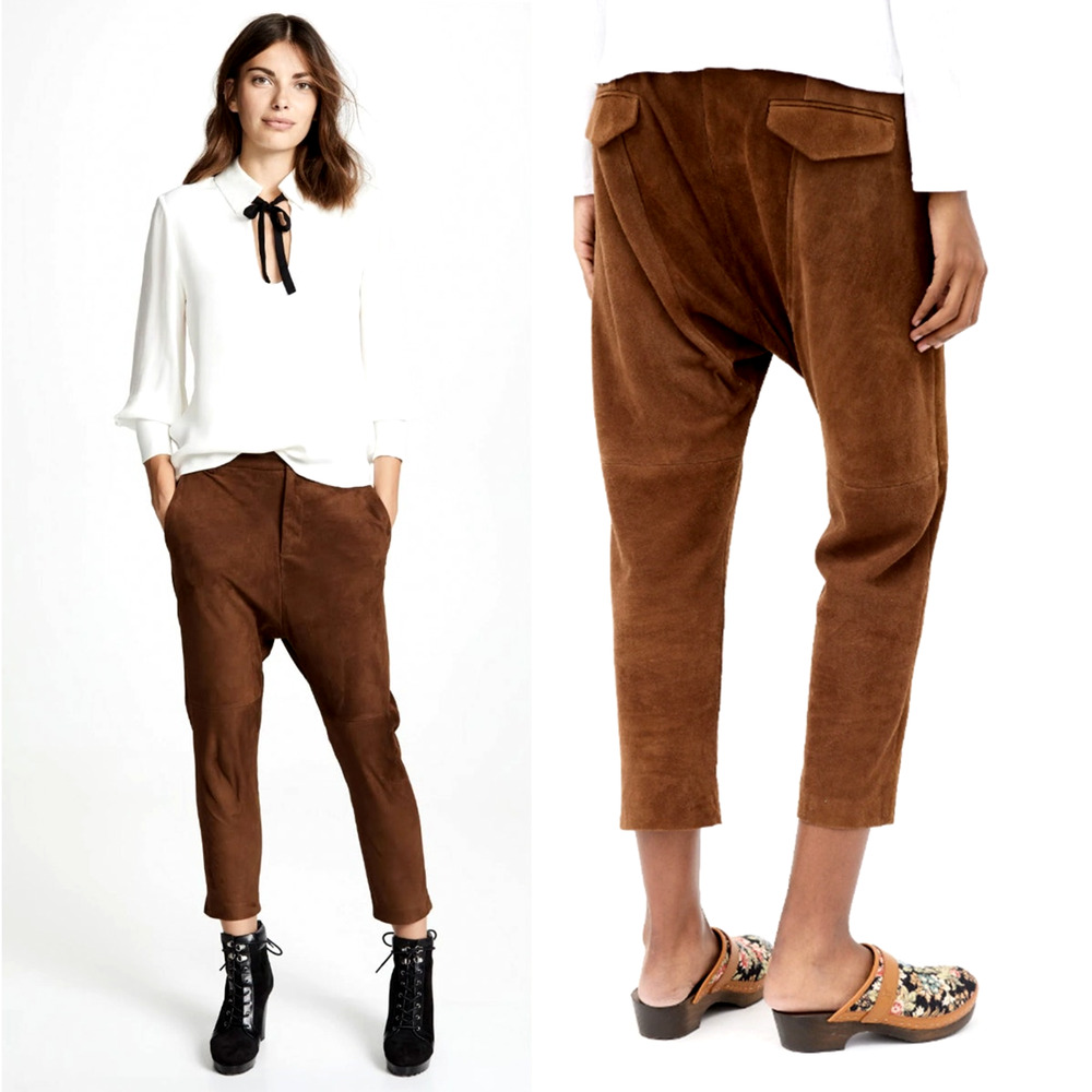 Nili Lotan 8 Goatskin Suede Paris Pants Drop Crotch Slouchy Leather Cognac Brown